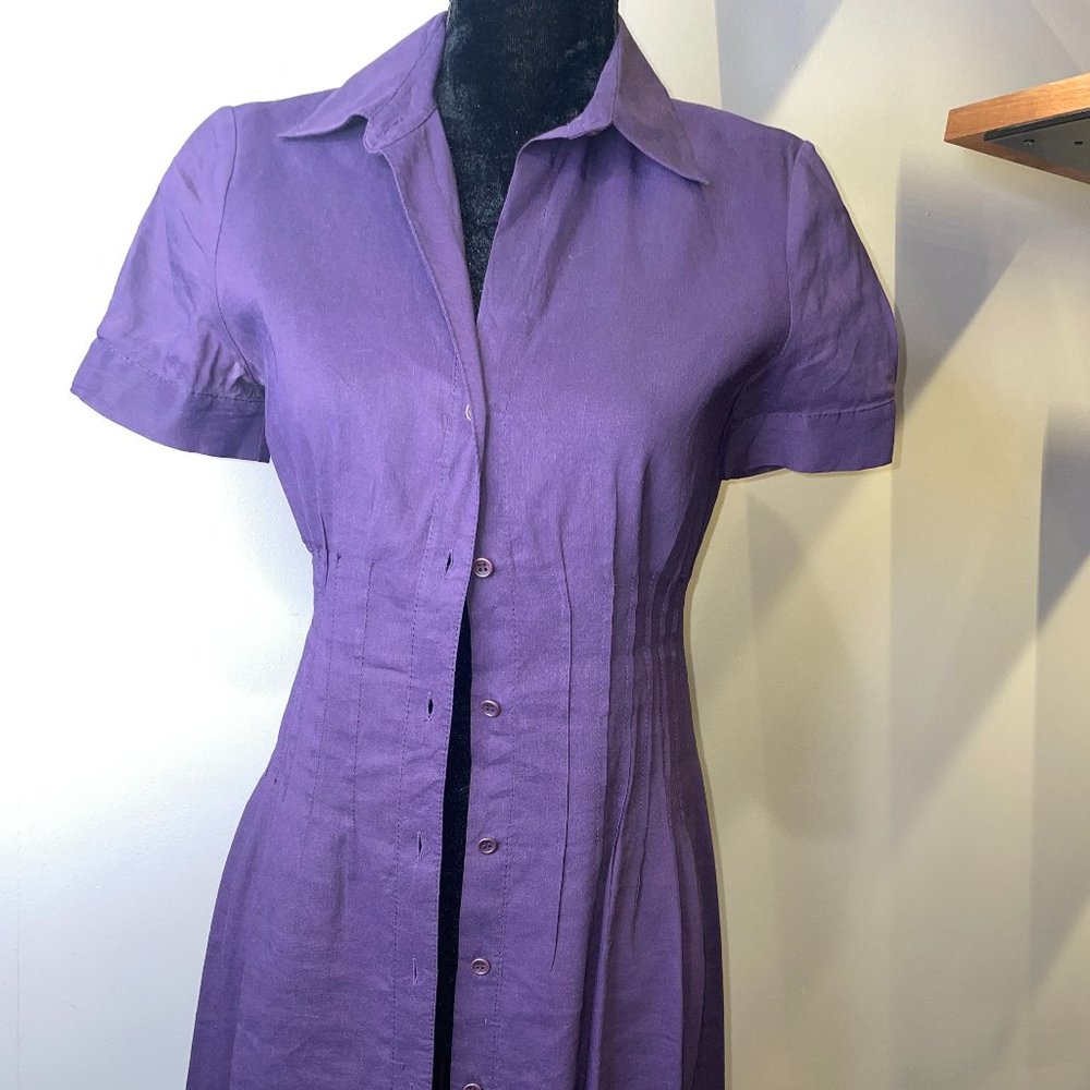 Theory Pleated Waist Dress in Purple Linen - Picture 2 of 6
